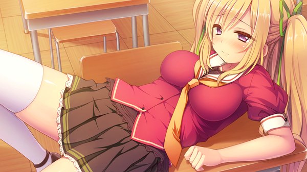 Anime picture 1280x720 with aisare roommate shidou aisha single long hair blush breasts blonde hair wide image purple eyes game cg girl thighhighs skirt uniform ribbon (ribbons) hair ribbon school uniform white thighhighs necktie desk
