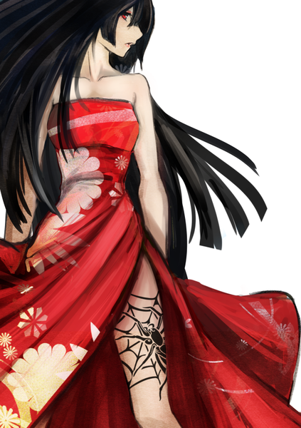 Anime picture 607x860 with original tatsuya (1223496) single long hair tall image looking at viewer fringe black hair simple background red eyes standing white background bare shoulders profile bare legs tattoo floral print girl dress insect