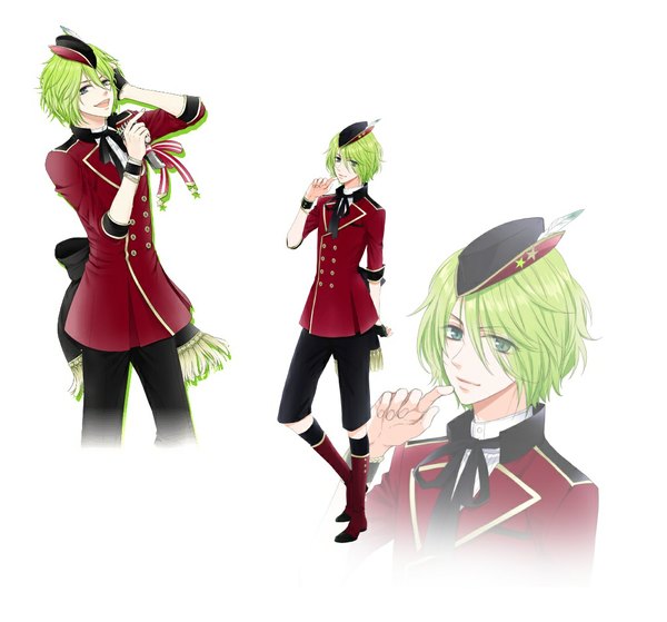 Anime picture 1022x953 with marginal #4 idea factory nomura l kirishima sou short hair open mouth simple background smile standing white background holding aqua eyes green hair light smile finger to mouth arm behind head zoom layer twisty sleeves singing multiple persona