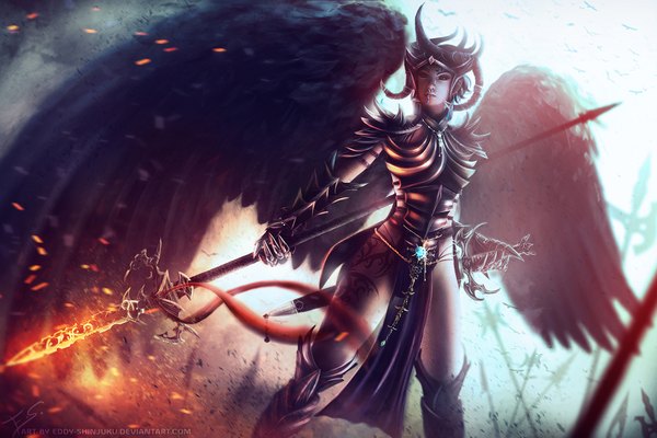 Anime picture 1920x1280 with dungeons and dragons eddy-shinjuku single highres red eyes signed yellow eyes horn (horns) realistic tattoo heterochromia piercing girl weapon sword wings armor pendant helmet spear