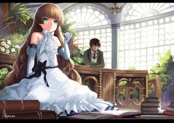 Anime picture 1752x1240 with gosick studio bones victorique de blois kujou kazuya akizone long hair highres short hair black hair brown hair green eyes signed black eyes loli letterboxed girl dress boy gloves plant (plants)