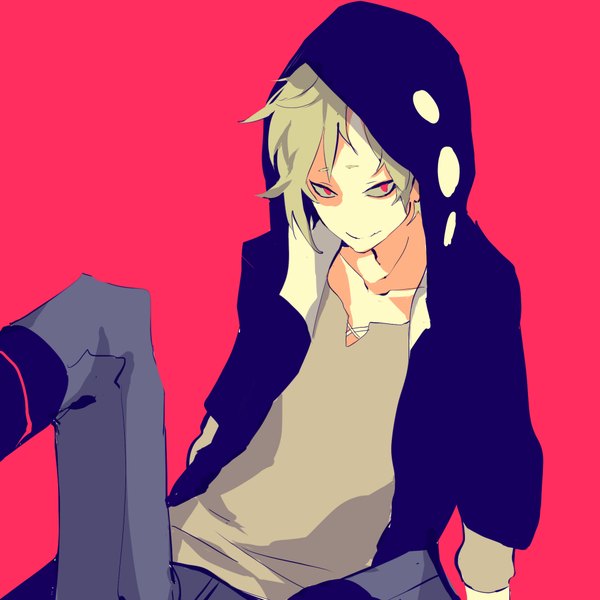 Anime picture 2000x2000 with kagerou project shaft (studio) kano shuuya yelsh single looking at viewer highres short hair simple background blonde hair smile red eyes sitting red background boy hood