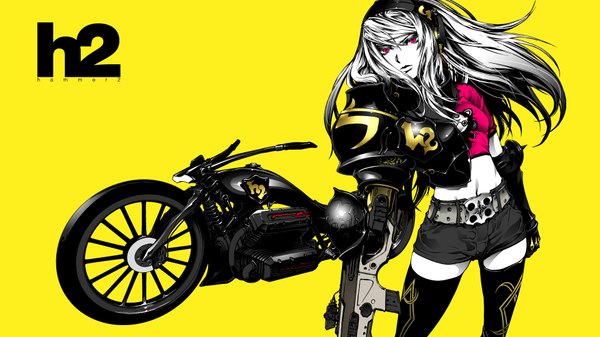 Anime picture 1920x1080 with original nagimiso single long hair highres red eyes wide image grey hair inscription yellow background girl thighhighs gloves black thighhighs shorts belt headphones armor gun ground vehicle