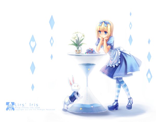 Anime picture 3343x2628 with alice in wonderland alice (wonderland) xiangtu single blush highres short hair blue eyes blonde hair simple background white background absurdres full body head rest girl thighhighs dress flower (flowers) bow hair bow