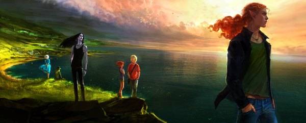 Anime picture 1613x650 with windside: necromance kamoril myar anndr (artist) long hair short hair blonde hair wide image standing sitting sky cloud (clouds) ponytail wind pointy ears orange hair multiple boys sleeveless evening sunset