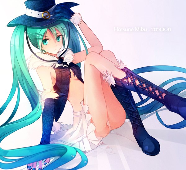 Anime picture 1575x1439 with vocaloid hatsune miku q-chiang single looking at viewer light erotic twintails very long hair nail polish aqua eyes aqua hair grey background pantyshot character names pantyshot sitting happy birthday 2014 girl hair ornament underwear