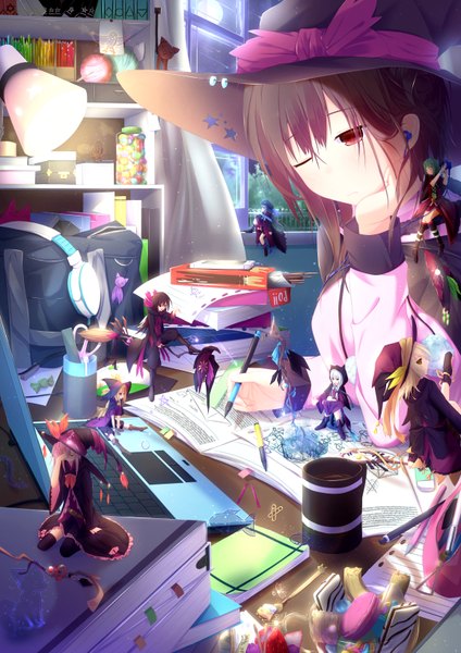 Anime picture 1158x1637 with original nagishiro mito long hair tall image black hair red eyes one eye closed wink fantasy fairy girl dress hat food window sweets headphones witch hat lamp pocky