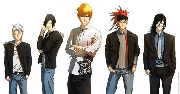 Anime picture 1400x731 with bleach studio pierrot kurosaki ichigo hitsugaya toushirou kuchiki byakuya abarai renji ishida uryuu juhani (artist) long hair looking at viewer short hair black hair simple background wide image standing white background brown eyes green eyes white hair red hair