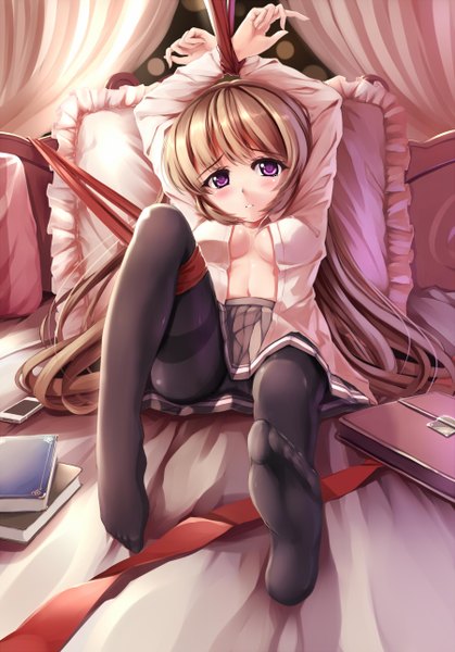 Anime picture 900x1288 with original yumemi (kiowa) single long hair tall image looking at viewer blush light erotic brown hair purple eyes open clothes open shirt legs bondage girl skirt shirt pantyhose pillow