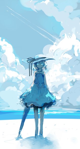 Anime picture 970x1800 with kantai collection tagme (character) cus-tom single tall image looking at viewer short hair blue eyes simple background standing bare shoulders sky cloud (clouds) grey hair sunlight beach closed umbrella dress hat sea