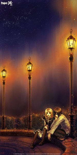 Anime picture 1024x2048 with yuumei tall image short hair blonde hair brown hair sitting green eyes signed night night sky couple girl dress boy plant (plants) shirt star (stars) lantern lamppost