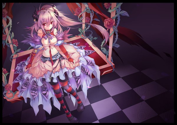 Anime picture 4110x2907 with original liy093275411 single long hair highres red eyes pink hair absurdres horn (horns) demon girl checkered floor girl dress flower (flowers) pantyhose rose (roses) red rose thorns striped pantyhose