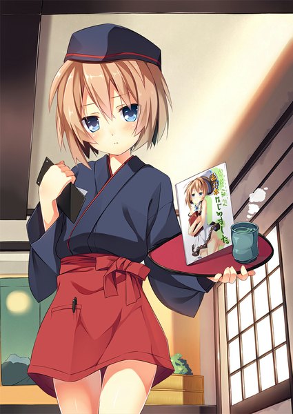 Anime picture 800x1128 with choujigen game neptune blanc kinta (distortion) single tall image looking at viewer short hair blue eyes brown hair waitress girl hat cup