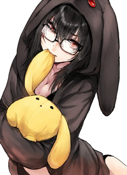 Anime picture 580x800 with wooser no sono higurashi ren (wooser) wooser makimura shunsuke single long hair tall image looking at viewer fringe black hair simple background red eyes standing white background animal ears bunny ears girl glasses hood toy