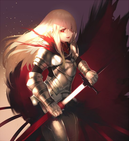 Anime picture 1013x1105 with original horz single long hair tall image open mouth blonde hair smile red eyes standing holding looking away fang (fangs) vampire unsheathing glowing weapon girl weapon sword armor