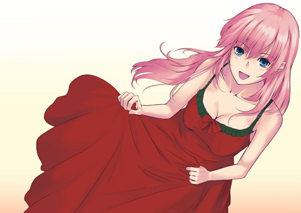 Anime picture 1020x723 with vocaloid megurine luka din (raiden) single long hair looking at viewer fringe breasts open mouth blue eyes simple background large breasts standing bare shoulders pink hair from above laughing girl dress red dress