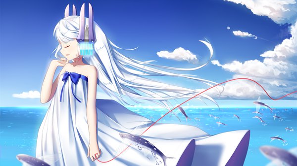 Anime picture 1920x1080 with warship girls r le fantasque ji dao ji single long hair highres open mouth wide image standing bare shoulders sky cloud (clouds) white hair eyes closed profile wind girl dress hair ornament bow