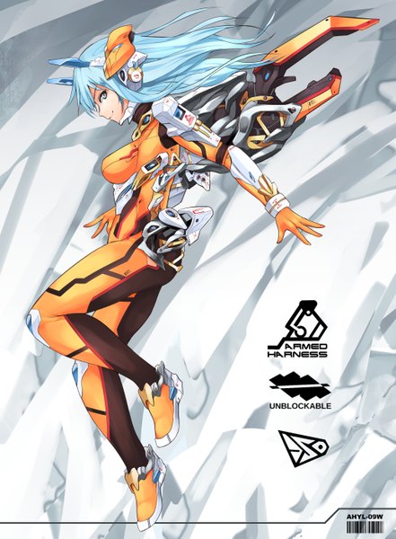 Anime picture 1035x1407 with original dso single long hair tall image looking at viewer fringe blue eyes smile blue hair profile mecha musume girl gloves shoes bodysuit headset barcode