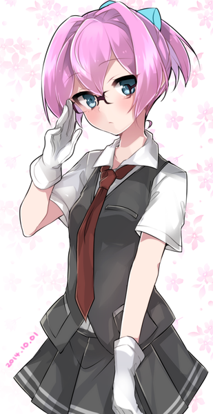 Anime picture 811x1573 with kantai collection shiranui destroyer takeshima eku single tall image looking at viewer blush short hair blue eyes pink hair ponytail adjusting glasses bespectacled girl gloves glasses necktie white gloves