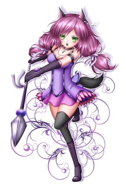 Anime picture 1000x1469 with original shitou single long hair tall image open mouth simple background white background green eyes animal ears purple hair animal tail girl thighhighs dress gloves weapon black thighhighs elbow gloves thigh boots