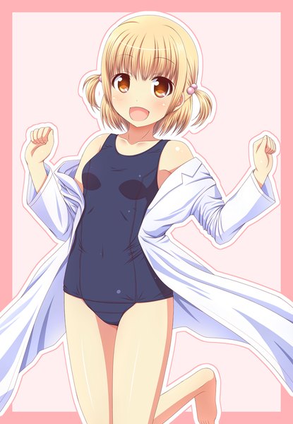 Anime picture 853x1232 with aiura wakatsuki misuzu kk-sk-ray single tall image blush short hair open mouth light erotic blonde hair brown eyes two side up girl swimsuit one-piece swimsuit school swimsuit