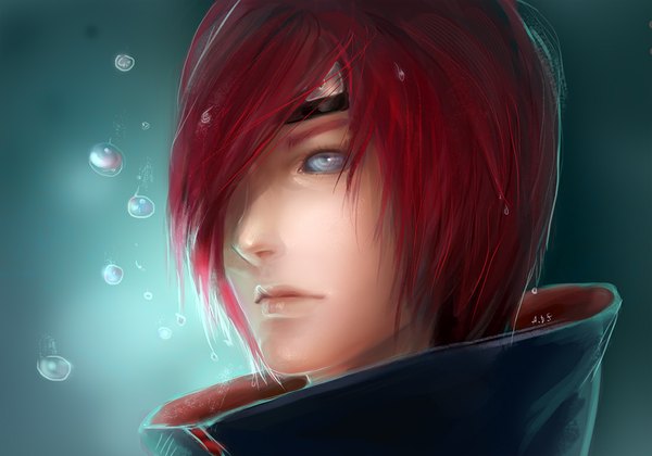 Anime picture 1104x774 with naruto studio pierrot naruto (series) nagato (naruto) anixien single fringe short hair signed red hair lips hair over one eye realistic close-up face rinnegan boy water drop bandana