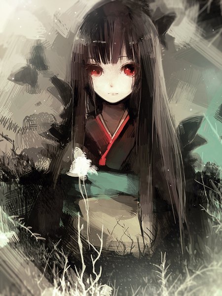Anime picture 600x800 with hell girl studio deen enma ai asahiro single long hair tall image looking at viewer fringe black hair red eyes traditional clothes japanese clothes pale skin sketch girl plant (plants) kimono