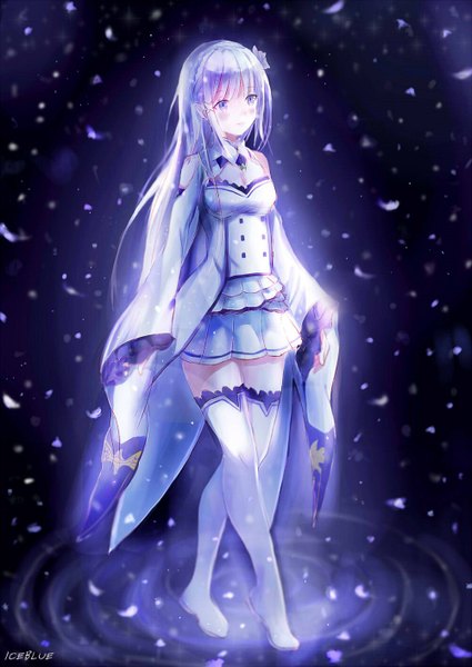 Anime picture 1000x1413 with re:zero kara hajimeru isekai seikatsu white fox emilia (re:zero) iceblue kokoroyu single long hair tall image blush fringe breasts smile standing purple eyes signed payot looking away silver hair full body blunt bangs