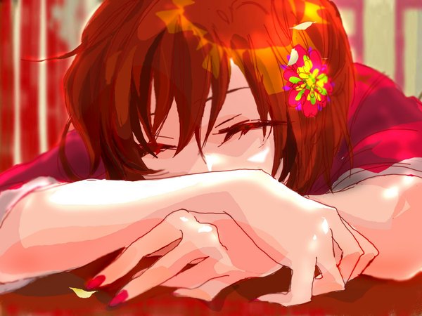 Anime picture 1024x768 with vocaloid meiko caracoro single short hair brown hair nail polish red background girl flower (flowers) hands anjou shojun (vocaloid)