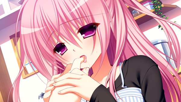 Anime picture 1280x720 with pure girl kanadome miyako nanaka mai long hair blush wide image pink hair game cg pink eyes finger to mouth girl