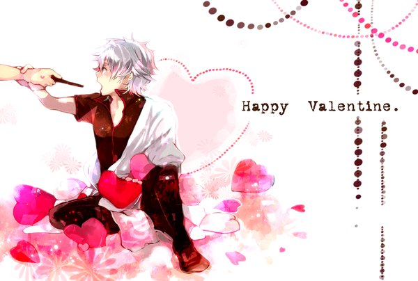 Anime picture 1750x1180 with gintama sunrise (studio) sakata gintoki kuranose (artist) highres short hair open mouth red eyes white background sitting holding silver hair profile inscription valentine boy flower (flowers) food heart sweets
