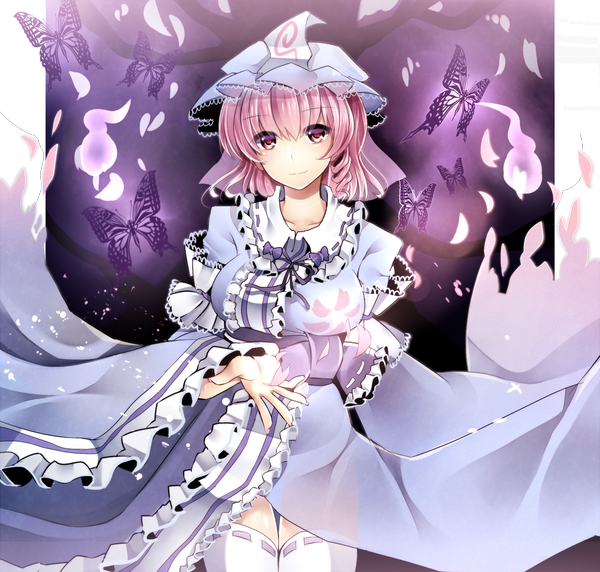 Anime picture 1400x1336 with touhou saigyouji yuyuko koyuri shouyu single short hair red eyes pink hair ghost girl thighhighs dress petals white thighhighs insect butterfly bonnet