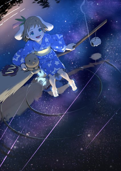 Anime picture 1345x1900 with original cojibou single tall image short hair open mouth brown hair green eyes animal ears japanese clothes night reflection meteor rain girl animal water kimono broom