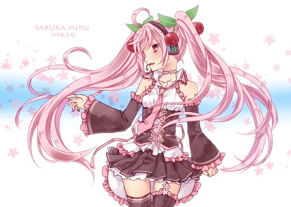 Anime picture 1087x777 with vocaloid hatsune miku sakura miku yayoi (egoistic realism) blush open mouth twintails bare shoulders pink hair ahoge very long hair profile pink eyes wavy hair girl dress detached sleeves necktie food frills