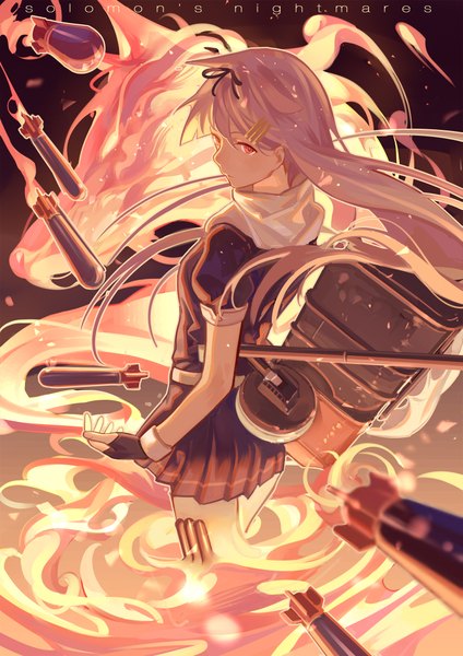 Anime picture 1485x2100 with kantai collection yuudachi destroyer zicai tang single long hair tall image fringe blonde hair red eyes pleated skirt looking back from behind remodel (kantai collection) girl skirt gloves fingerless gloves flame