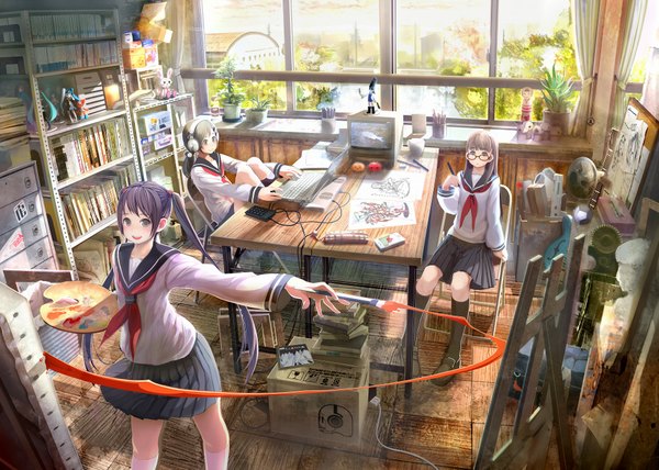 Anime picture 2000x1427 with original shirakaba long hair looking at viewer fringe highres short hair open mouth brown hair standing sitting twintails purple eyes multiple girls purple hair city happy painting girl uniform