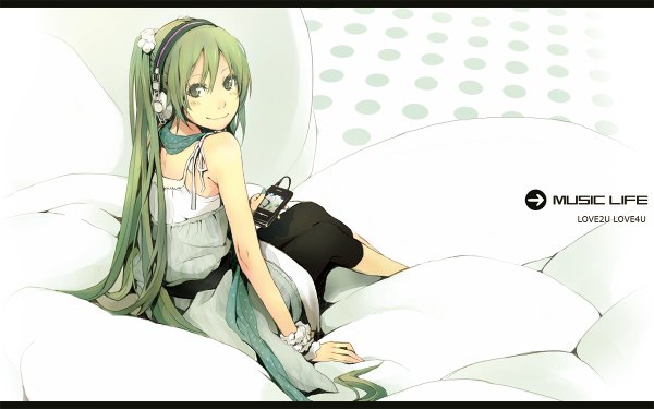 Anime picture 1200x750 with vocaloid ipod hatsune miku yoshito (u10) single long hair wide image sitting twintails green eyes looking back green hair casual spandex girl headphones