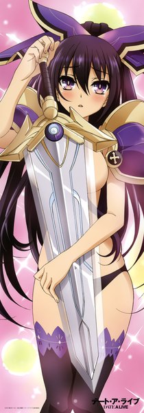 Anime picture 1409x4014 with date a live yatogami tooka single long hair tall image looking at viewer blush breasts open mouth light erotic black hair purple eyes ponytail scan official art girl thighhighs underwear panties weapon