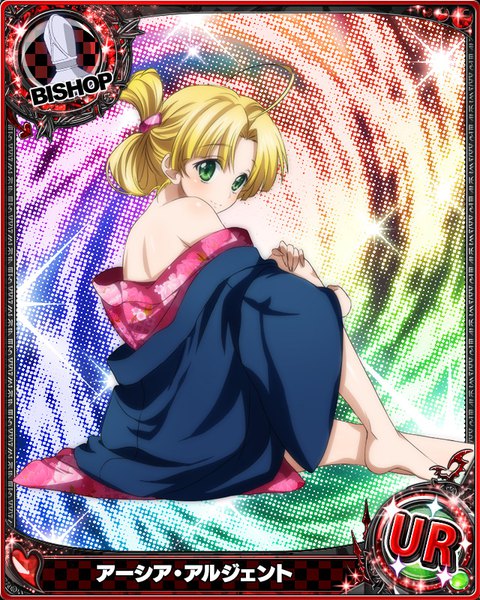 Anime picture 640x800 with highschool dxd asia argento single tall image blush blonde hair green eyes looking away traditional clothes japanese clothes alternate hairstyle card (medium) hair up girl kimono