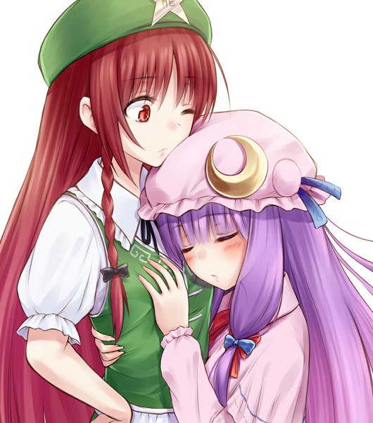 Anime picture 883x1000 with touhou patchouli knowledge hong meiling suzushiro yukari long hair tall image blush fringe simple background red eyes white background multiple girls purple hair red hair blunt bangs braid (braids) eyes closed one eye closed wink twin braids