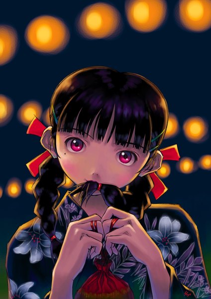 Anime picture 1240x1754 with original kobayashi yuji single long hair tall image looking at viewer fringe black hair upper body blunt bangs braid (braids) traditional clothes japanese clothes pink eyes mole mole under eye twin braids floral print hair over shoulder backlighting