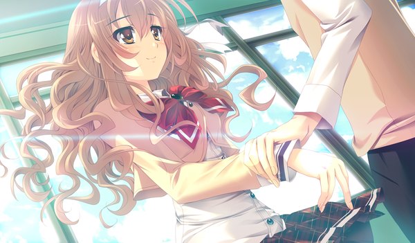 Anime picture 1024x600 with houkago kitchen long hair blush smile brown hair wide image brown eyes game cg holding hands girl uniform school uniform