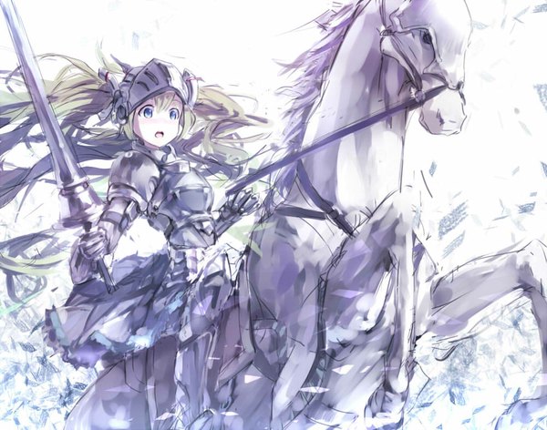 Anime picture 1000x787 with vocaloid hatsune miku ye (heroyexin) single open mouth blue eyes simple background brown hair twintails very long hair wind riding knight girl skirt weapon animal frills armor helmet