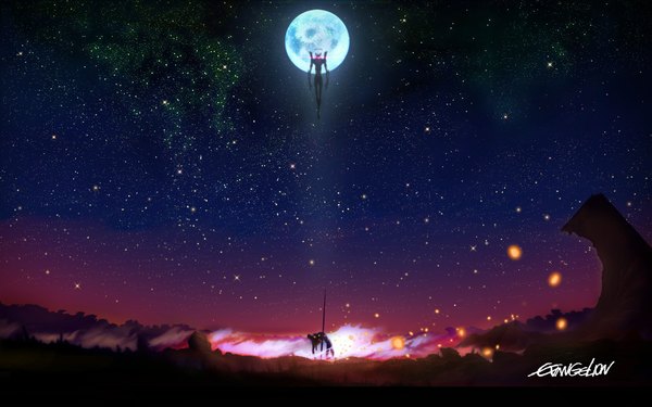 Anime picture 1920x1200 with neon genesis evangelion rebuild of evangelion evangelion: 2.0 you can (not) advance gainax highres wide image sky night glowing glowing eye (eyes) scenic moon star (stars) mecha