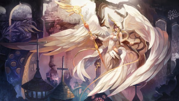 Anime picture 2500x1406 with original meniusa single highres breasts blue eyes blonde hair wide image holding cleavage very long hair lips angel wings white wings angel multiple wings girl plant (plants) detached sleeves wings