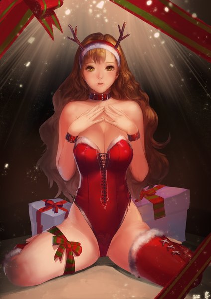Anime picture 1024x1449 with original instant-ip single long hair tall image looking at viewer breasts light erotic brown hair sitting yellow eyes horn (horns) sparkle light snowing christmas girl ribbon (ribbons) swimsuit fur