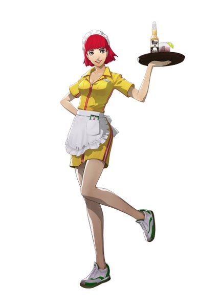 Anime picture 3700x5139 with catherine (game) erica (catherine) tall image highres simple background smile white background absurdres red hair mole grey eyes mole under mouth waitress girl apron bottle tray