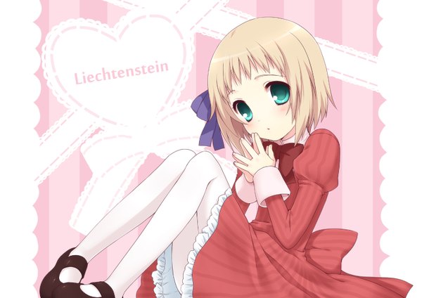 Anime picture 1412x1000 with axis powers hetalia studio deen liechtenstein (hetalia) usashiro mani looking at viewer blush short hair blonde hair sitting green eyes inscription character names fingers together girl dress ribbon (ribbons) hair ribbon pantyhose red dress