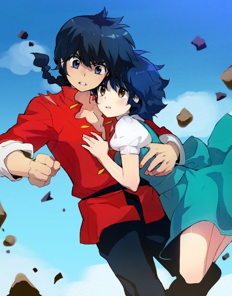 Anime picture 713x908 with ranma 1/2 saotome ranma tendou akane mimi (ranma3049) long hair tall image blush short hair blue eyes black hair brown eyes blue hair sky cloud (clouds) traditional clothes puffy sleeves couple hug torn clothes chinese clothes