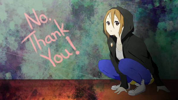 Anime picture 1920x1080 with k-on! kyoto animation tainaka ritsu single looking at viewer fringe highres short hair blonde hair wide image sitting brown eyes inscription alternate costume text english jpeg artifacts thank you girl shoes